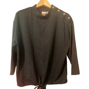 Womens Chicos Zenergy 3/4 Slv Mock Collar Gold Snap Shoulder Drawstring Hem SZ 2